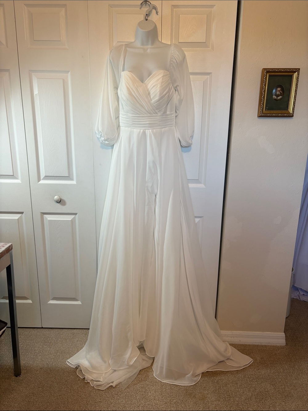 NWOT Elegant White Chiffon A-Line Wedding / Evening Dress-Size 1. Sheer Sleeves.